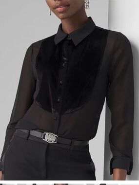 White House Black Market Black Sheer Button-Front Shirt with Velvet Bib